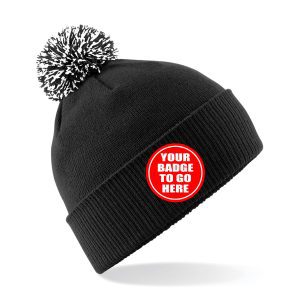 Pom Pom Team Beanie Hat - Black with Black/white Pom, 20